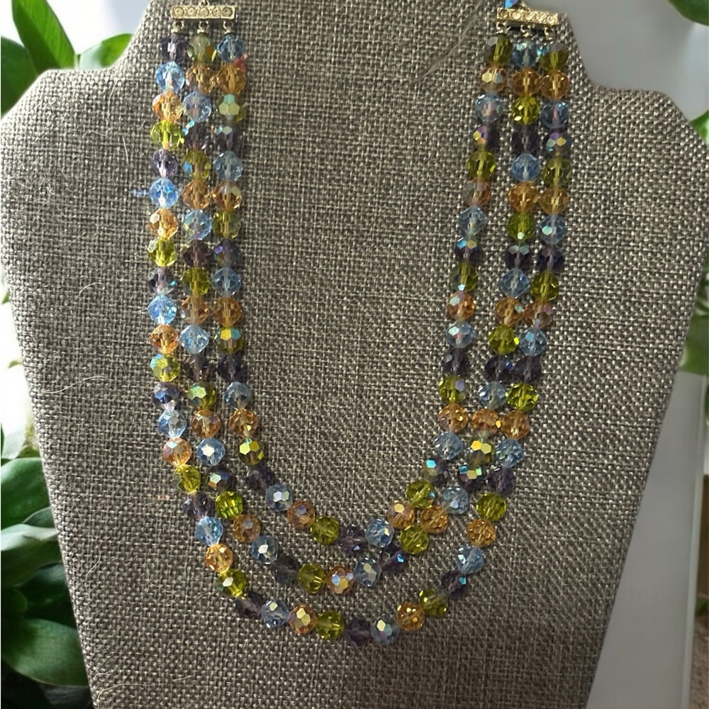 Vintage 1950’s Triple Strand AB Crystal Glass Bead Necklace 15” with 2” extender